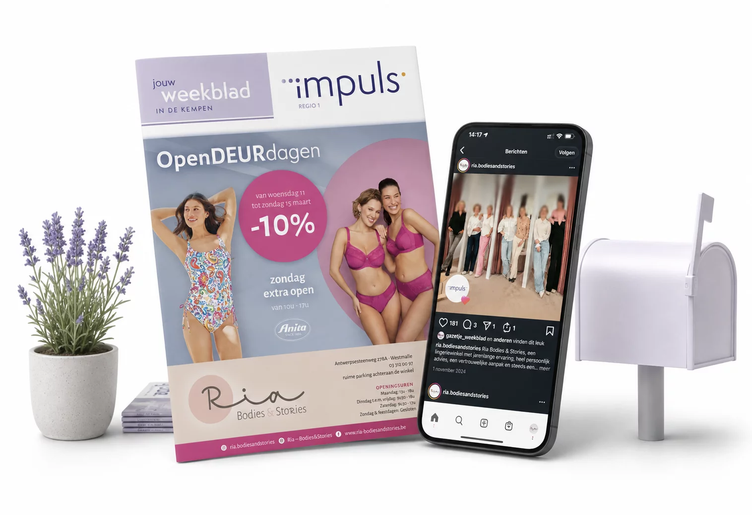 Magazine impuls en ernaast een smartphone met daarop sociale media getoond