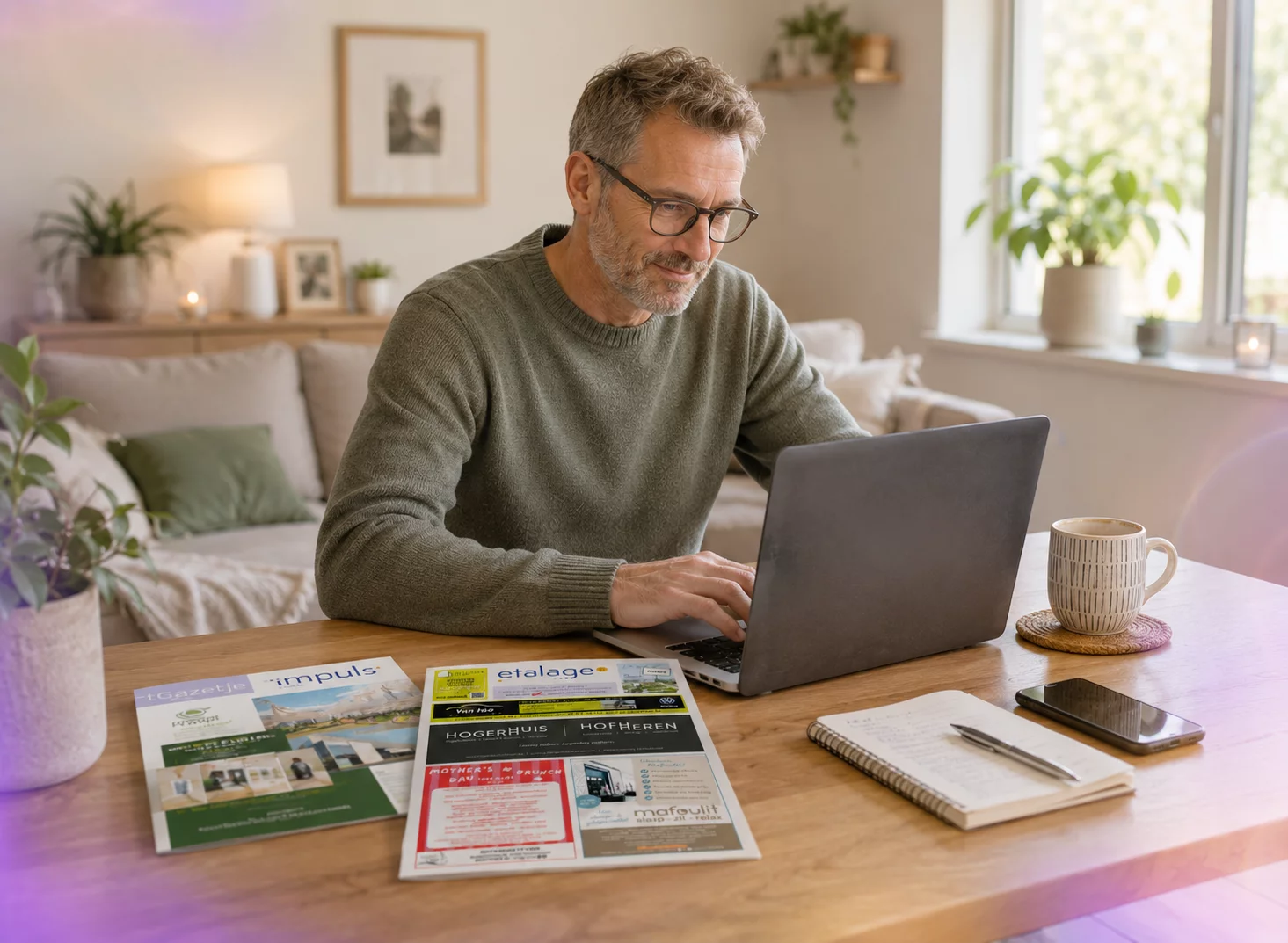 Magazine Etalage licht op een lichtgekleurde poef in een nette living