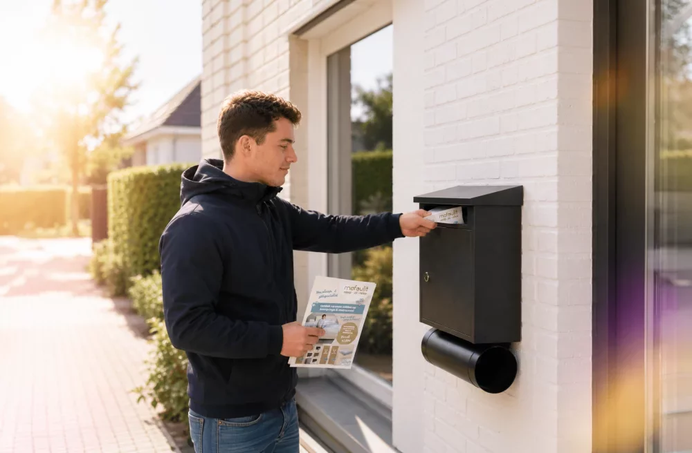 Man steekt magazine in zwarte brievenbus aan de gevel van een witgeschilderd huis