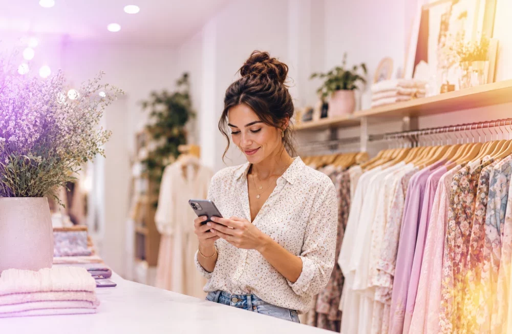 Vrouw in klerenwinkel kijkt lachend naar haar smartphone