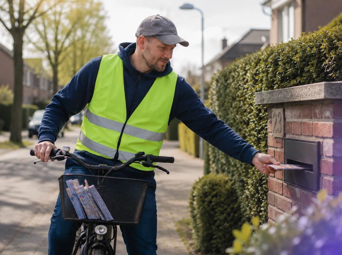 Man op de fiets met fluovest steekt een magazine in een gemetste brievenbus