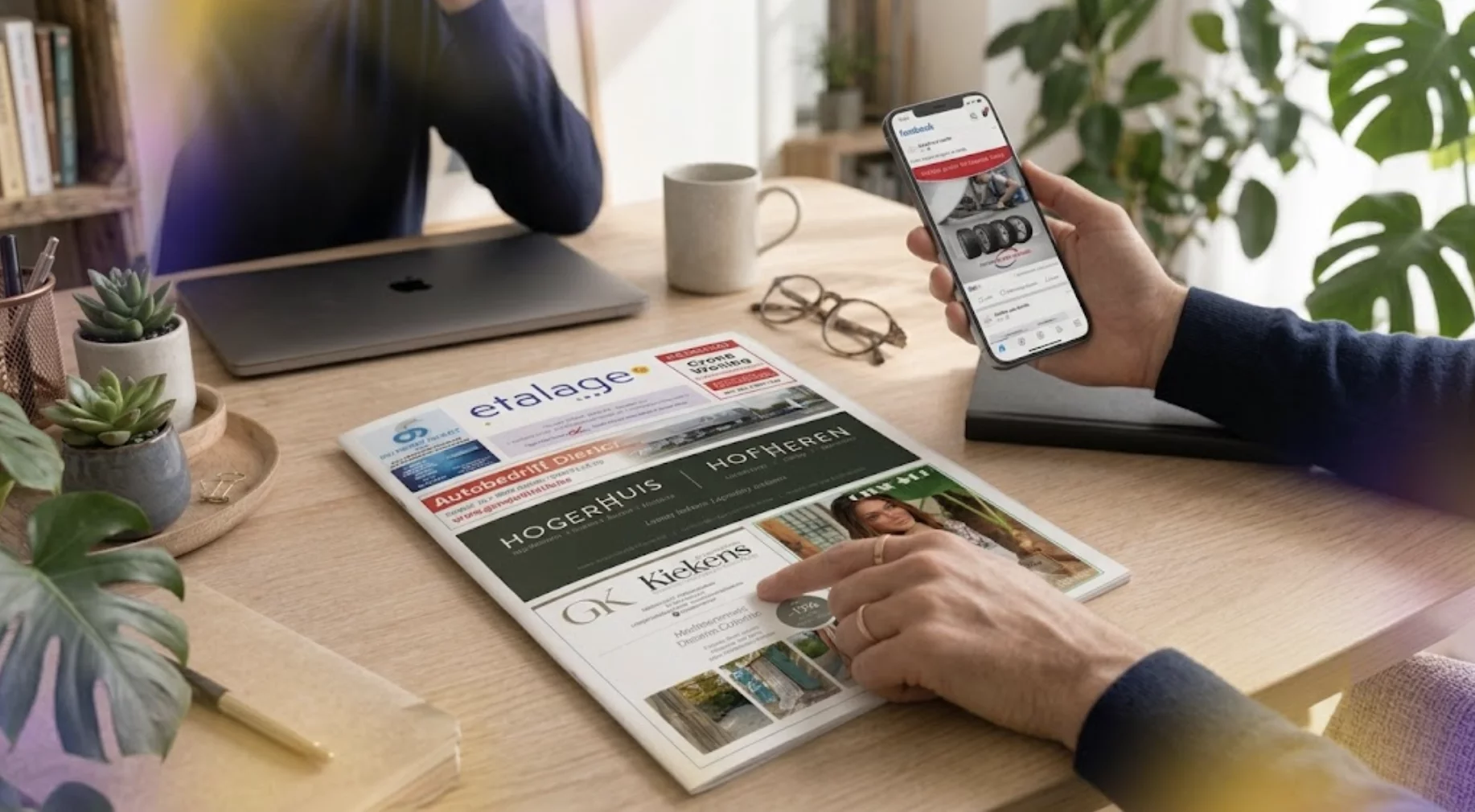 Mannenhand wijst naar een advertentie in het magazine Etalage